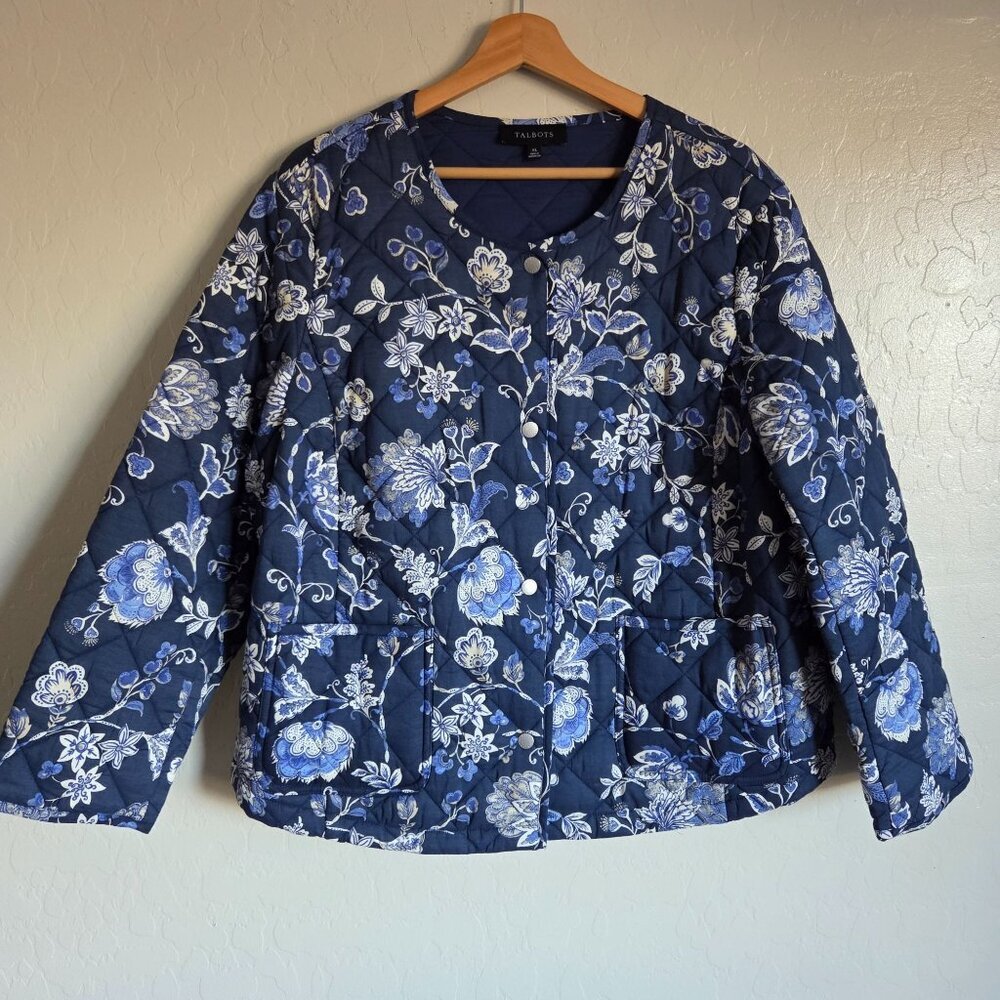Talbots Jacobean Quilted Jacket Blue Women's XL Snap Button Round Neck Cottage